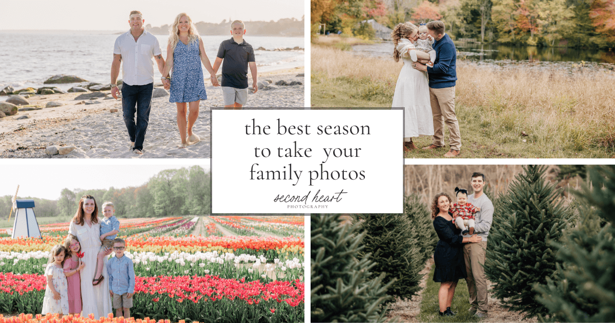 Family photos from different seasons in Connecticut in a grid with a title "the best season to take your family photos"
